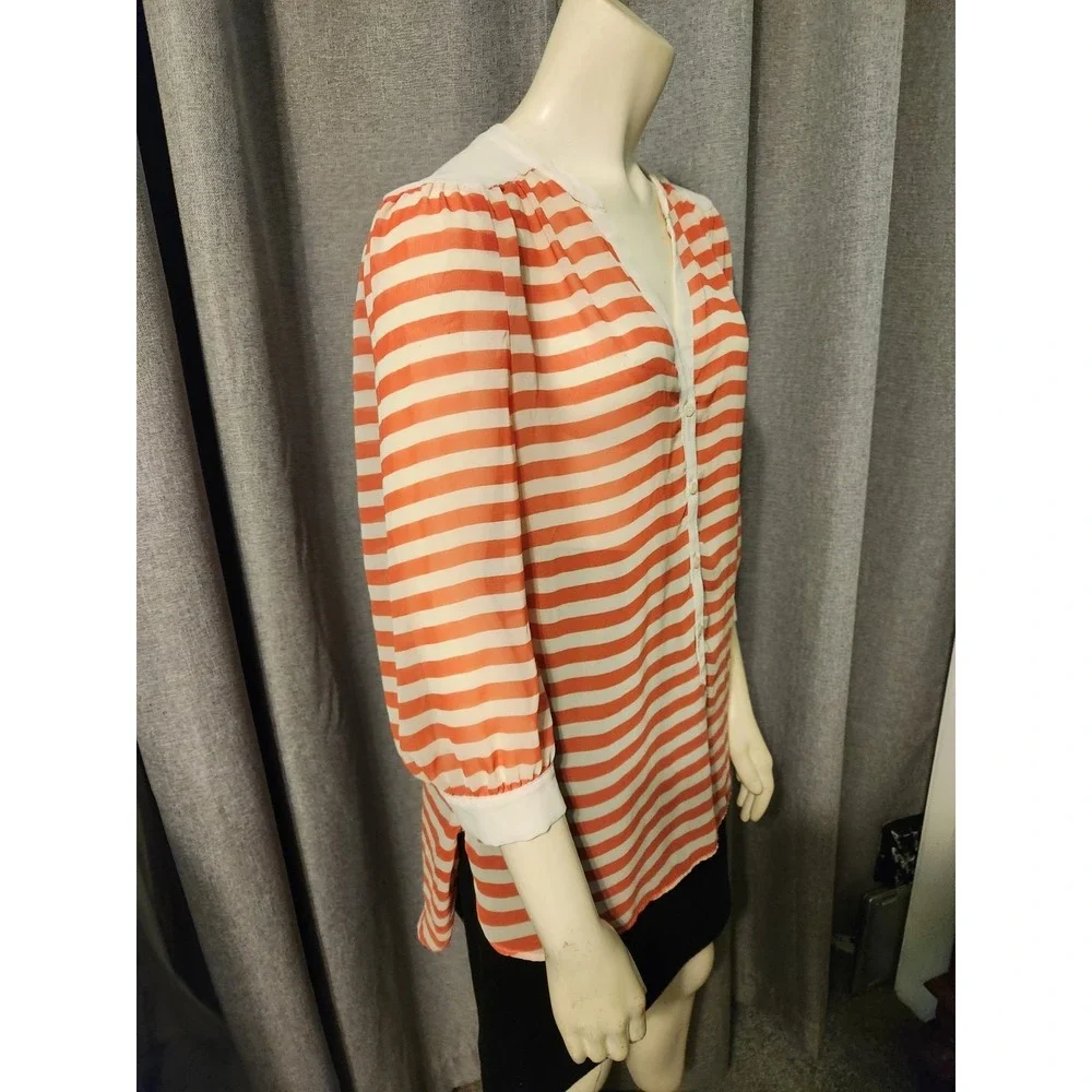 LC Lauren Conrad Women's Top Sz L 3/4 Sleeve Cream And‎ Coral Chiffon Striped - Picture 3 of 8